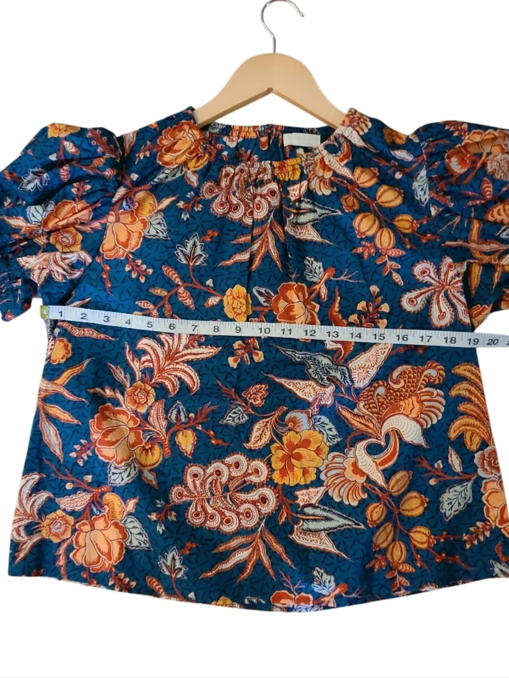 Ulla Johnson Frances Top Floral Puff-Sleeve 100% Cotton Blouse Deep Teal Orange